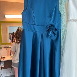 Elegant Blue Satin Dress with Floral Detail